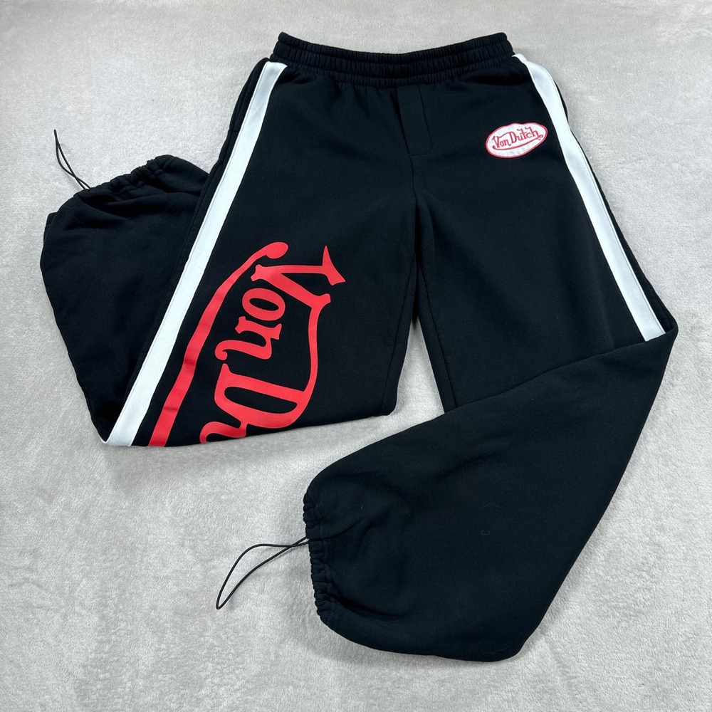 Von Dutch Sweatpants Womens Small Black Y2K Side Stripe Graphic Logo Joggers